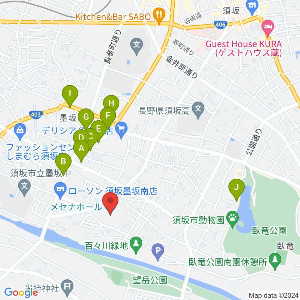 須坂市文化会館メセナホール周辺のファミレス・ファーストフード一覧地図