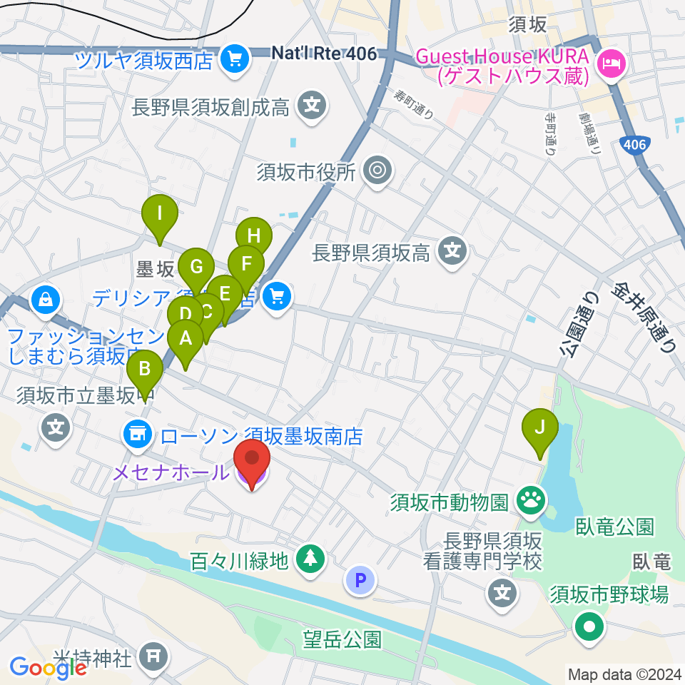 須坂市文化会館メセナホール周辺のファミレス・ファーストフード一覧地図