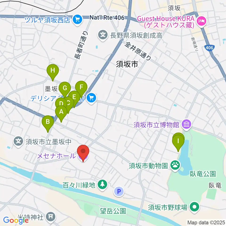 須坂市文化会館メセナホール周辺のファミレス・ファーストフード一覧地図