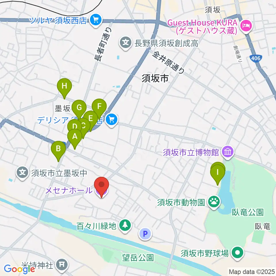 須坂市文化会館メセナホール周辺のファミレス・ファーストフード一覧地図