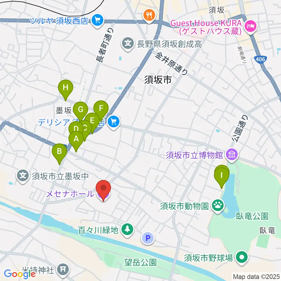 須坂市文化会館メセナホール周辺のファミレス・ファーストフード一覧地図