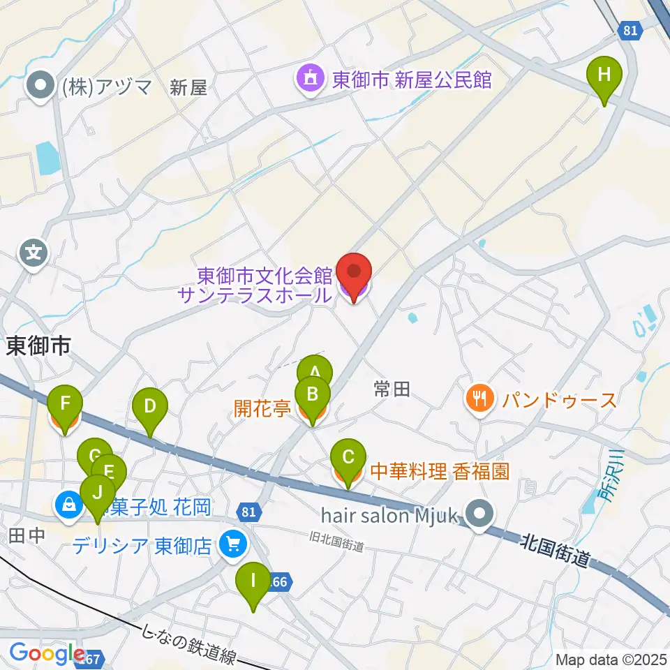 東御市文化会館サンテラスホール周辺のファミレス・ファーストフード一覧地図