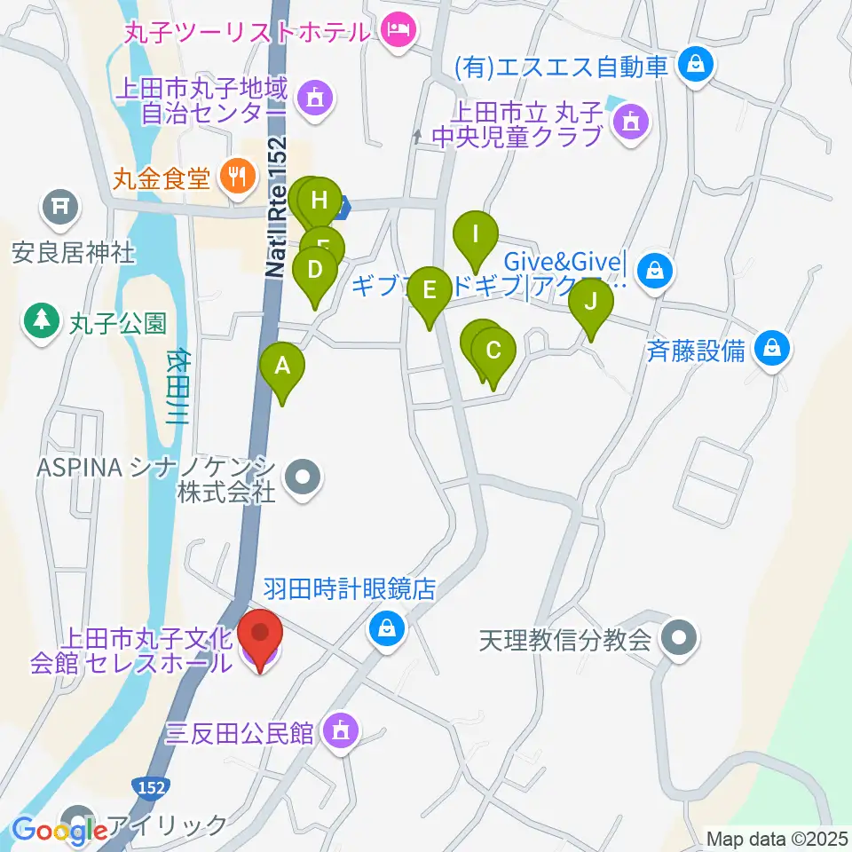 上田市丸子文化会館セレスホール周辺のファミレス・ファーストフード一覧地図
