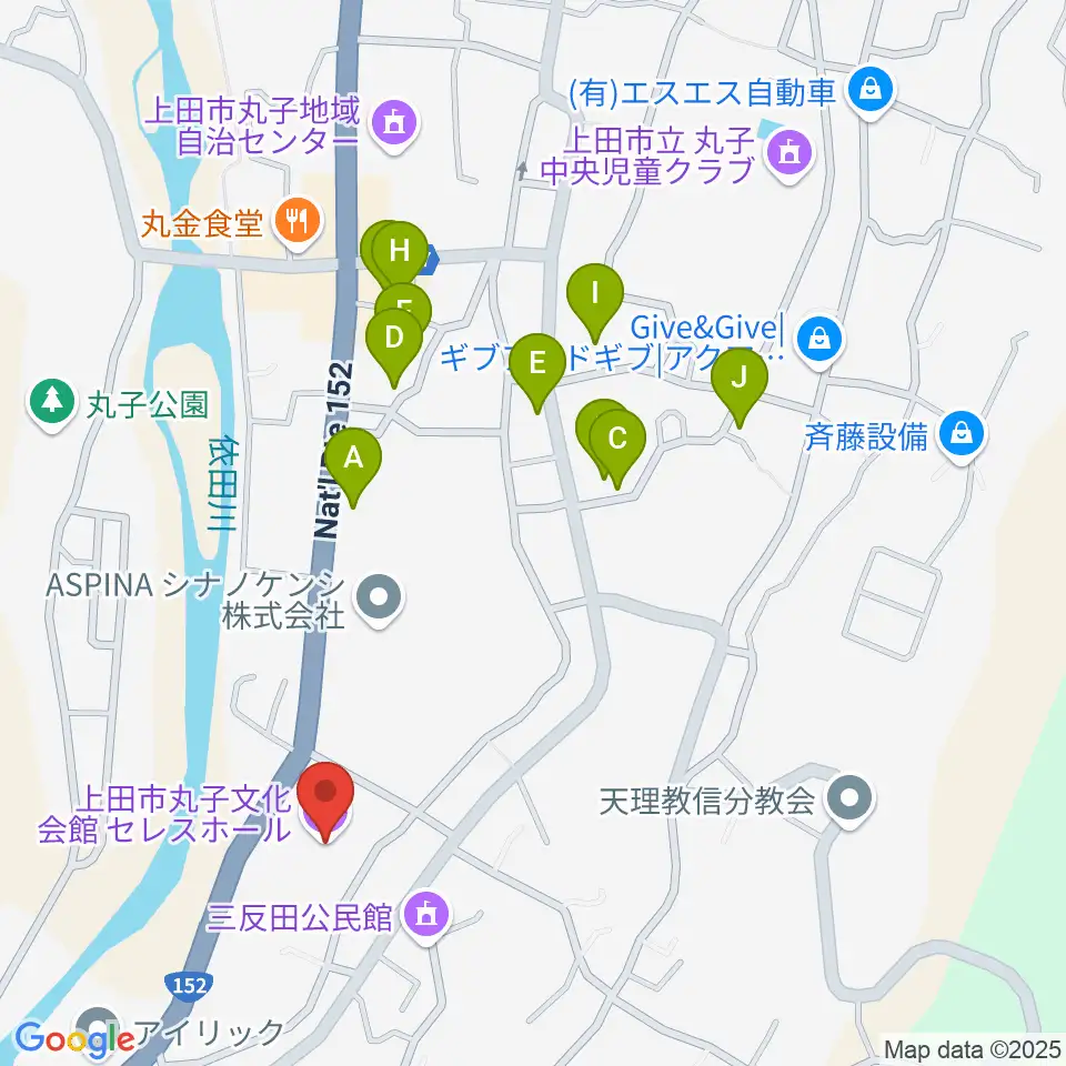 上田市丸子文化会館セレスホール周辺のファミレス・ファーストフード一覧地図