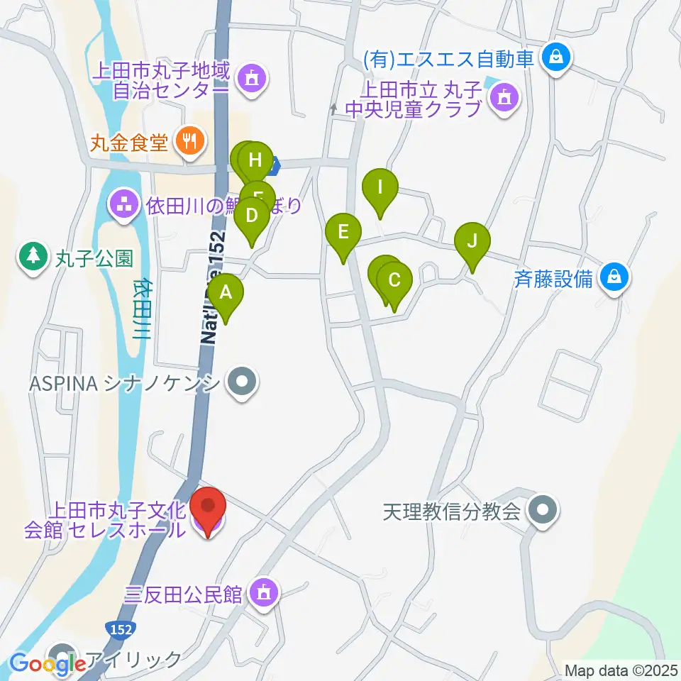上田市丸子文化会館セレスホール周辺のファミレス・ファーストフード一覧地図