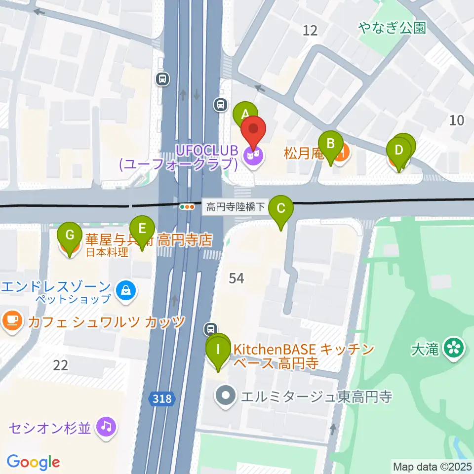 東高円寺U.F.O.CLUB周辺のファミレス・ファーストフード一覧地図