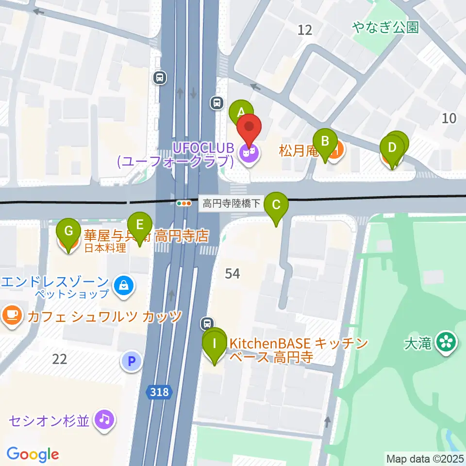 東高円寺U.F.O.CLUB周辺のファミレス・ファーストフード一覧地図
