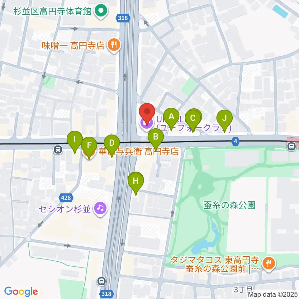 東高円寺U.F.O.CLUB周辺のファミレス・ファーストフード一覧地図