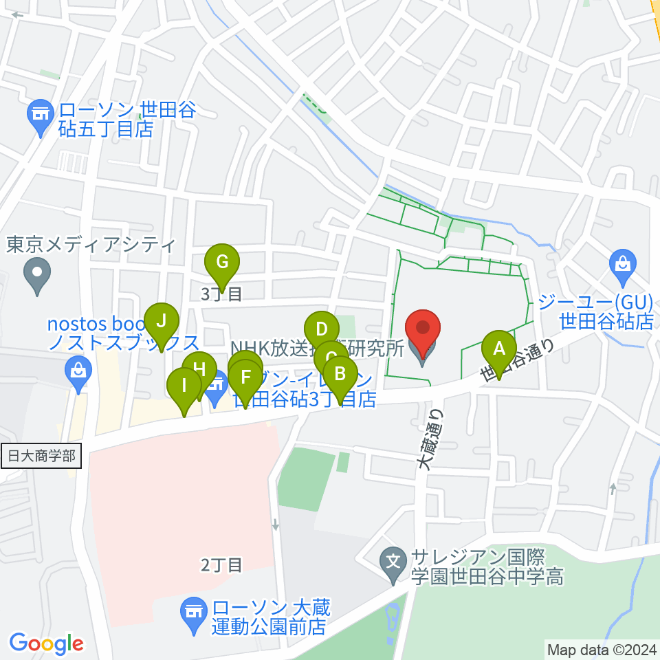 NHK技研講堂周辺のファミレス・ファーストフード一覧地図