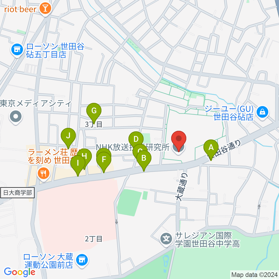 NHK技研講堂周辺のファミレス・ファーストフード一覧地図