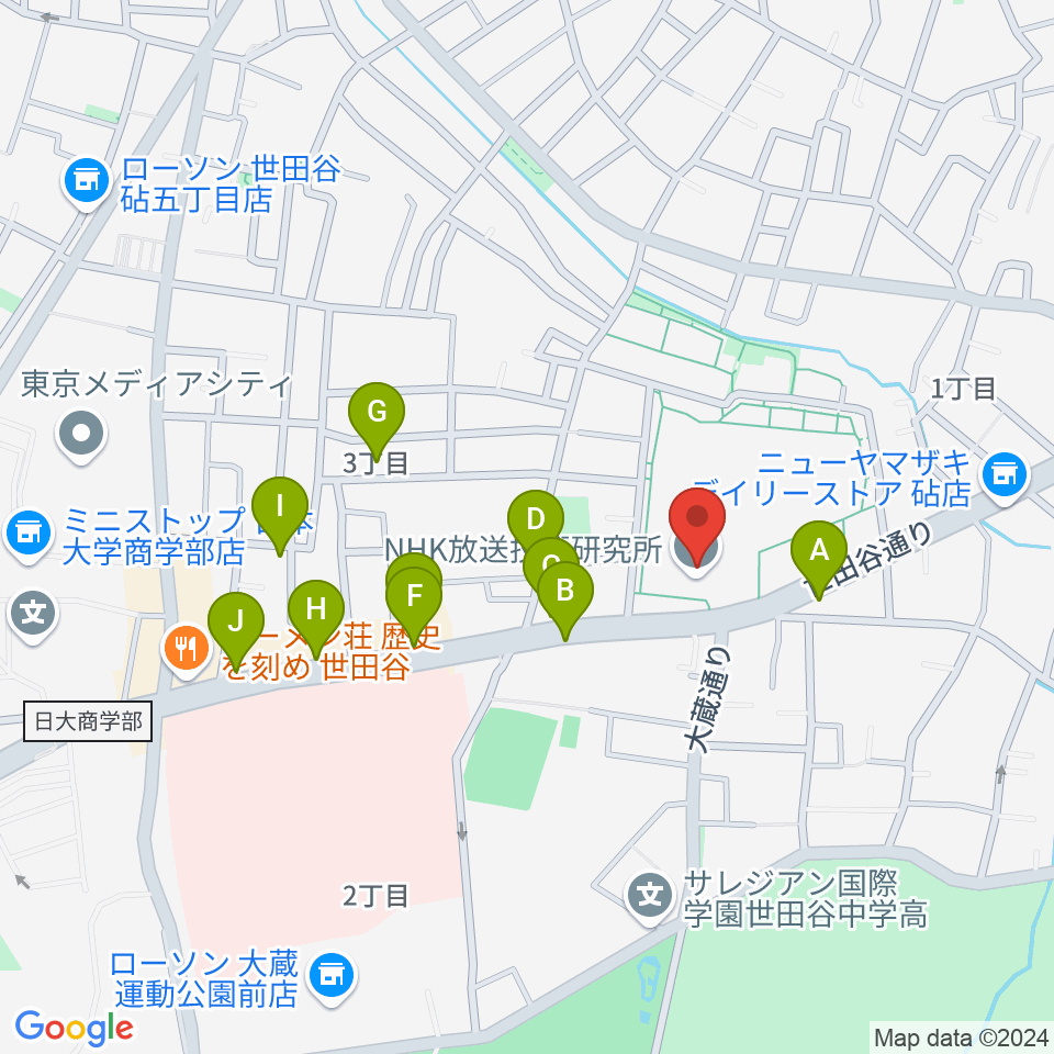 NHK技研講堂周辺のファミレス・ファーストフード一覧地図