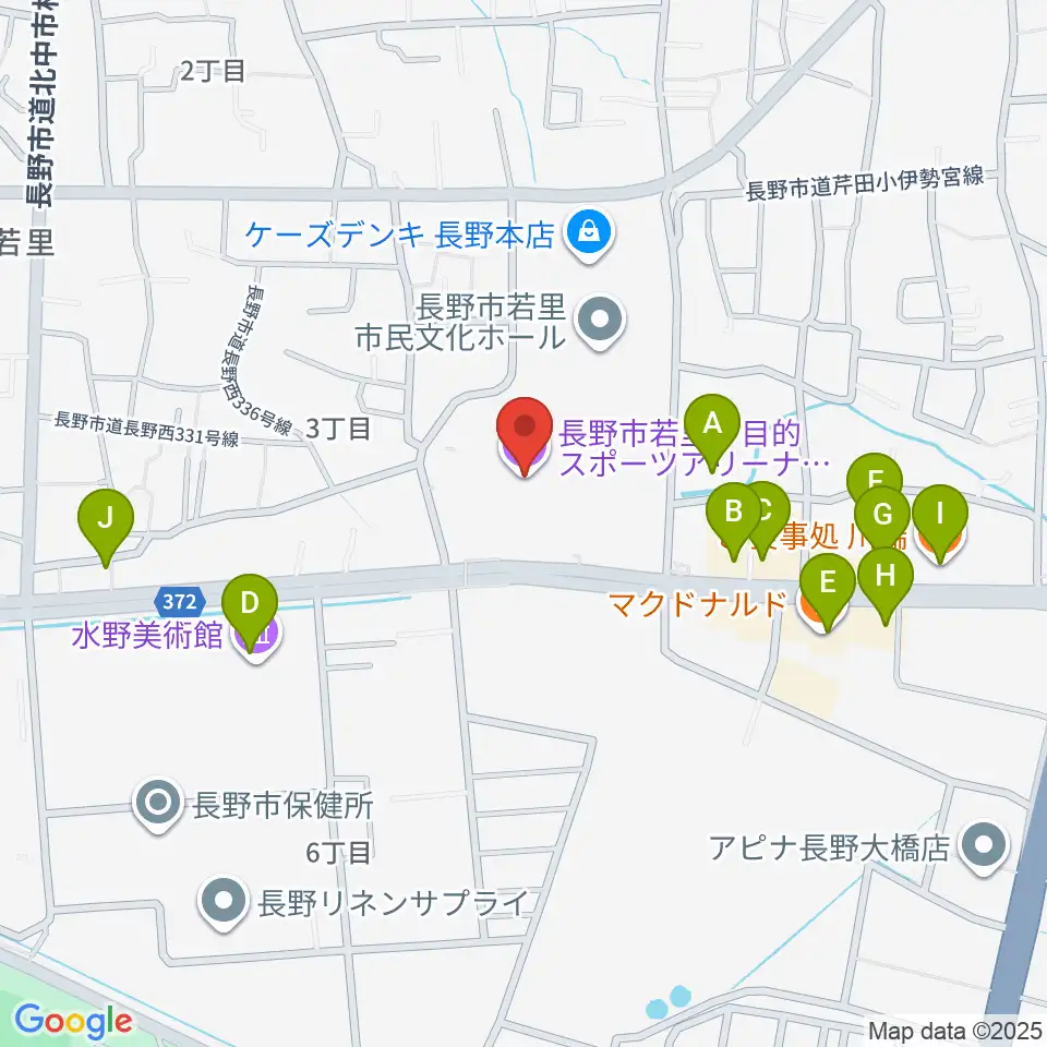 長野ビッグハット周辺のファミレス・ファーストフード一覧地図