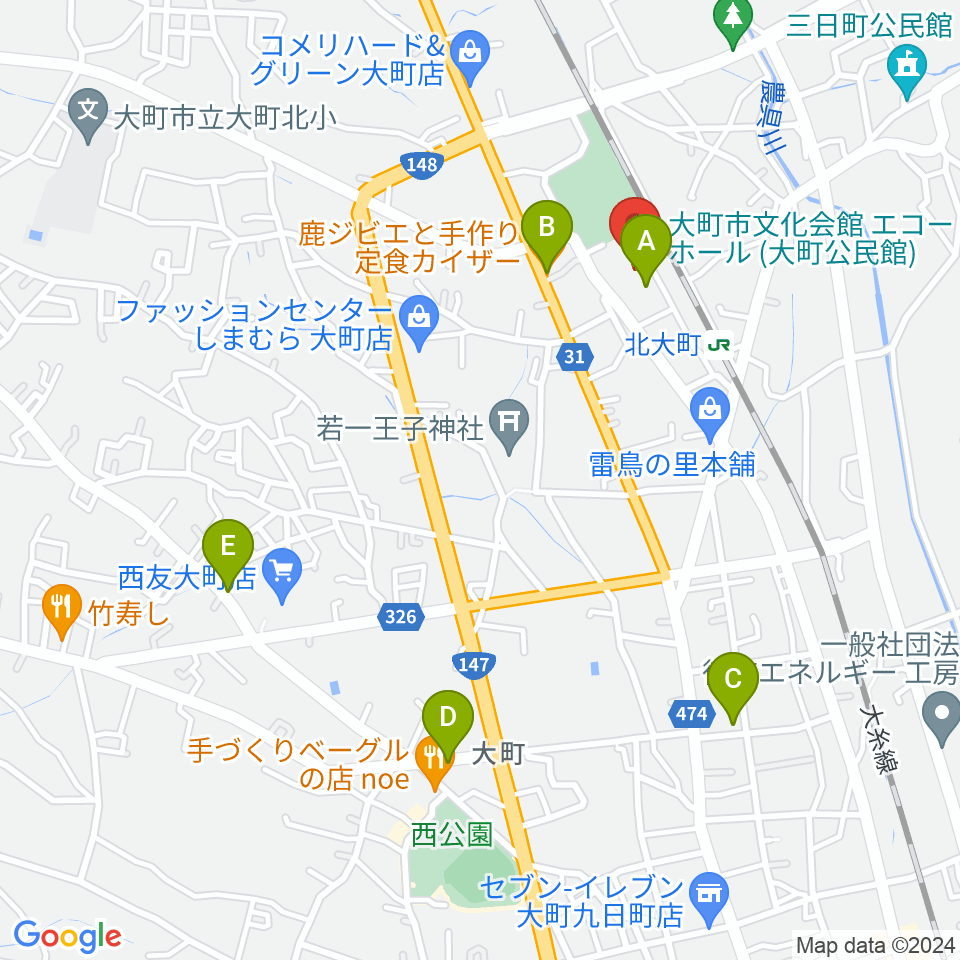 大町市文化会館エコーホール周辺のファミレス・ファーストフード一覧地図