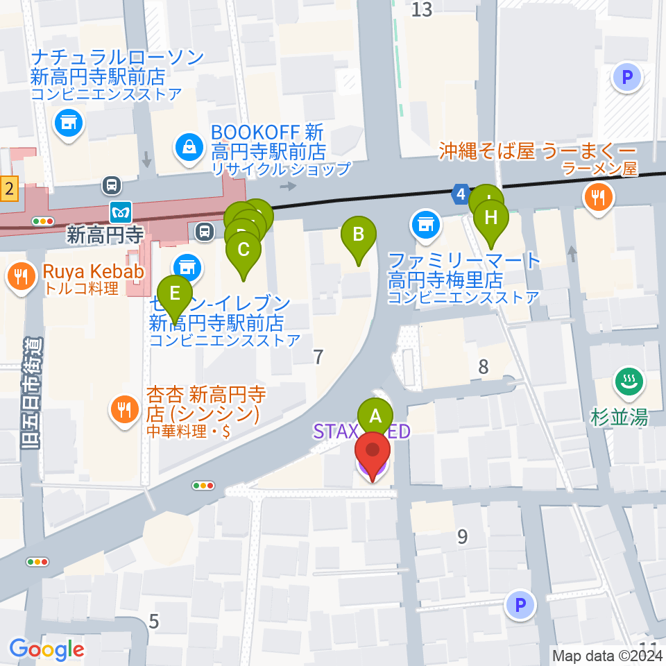 新高円寺スタックスフレッド周辺のファミレス・ファーストフード一覧地図