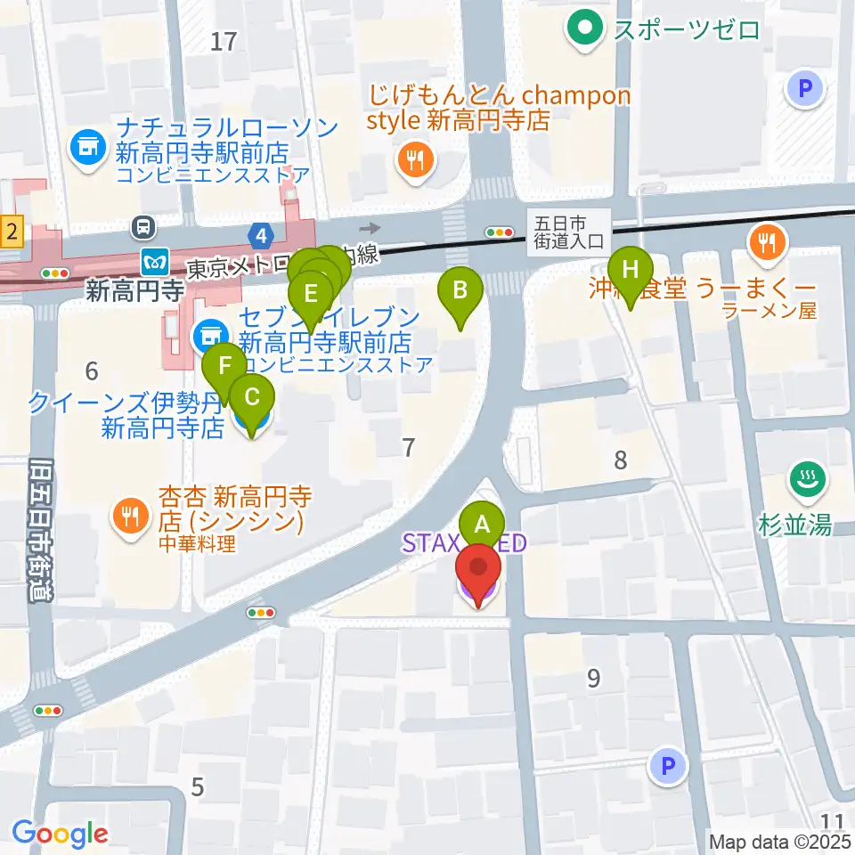 新高円寺スタックスフレッド周辺のファミレス・ファーストフード一覧地図