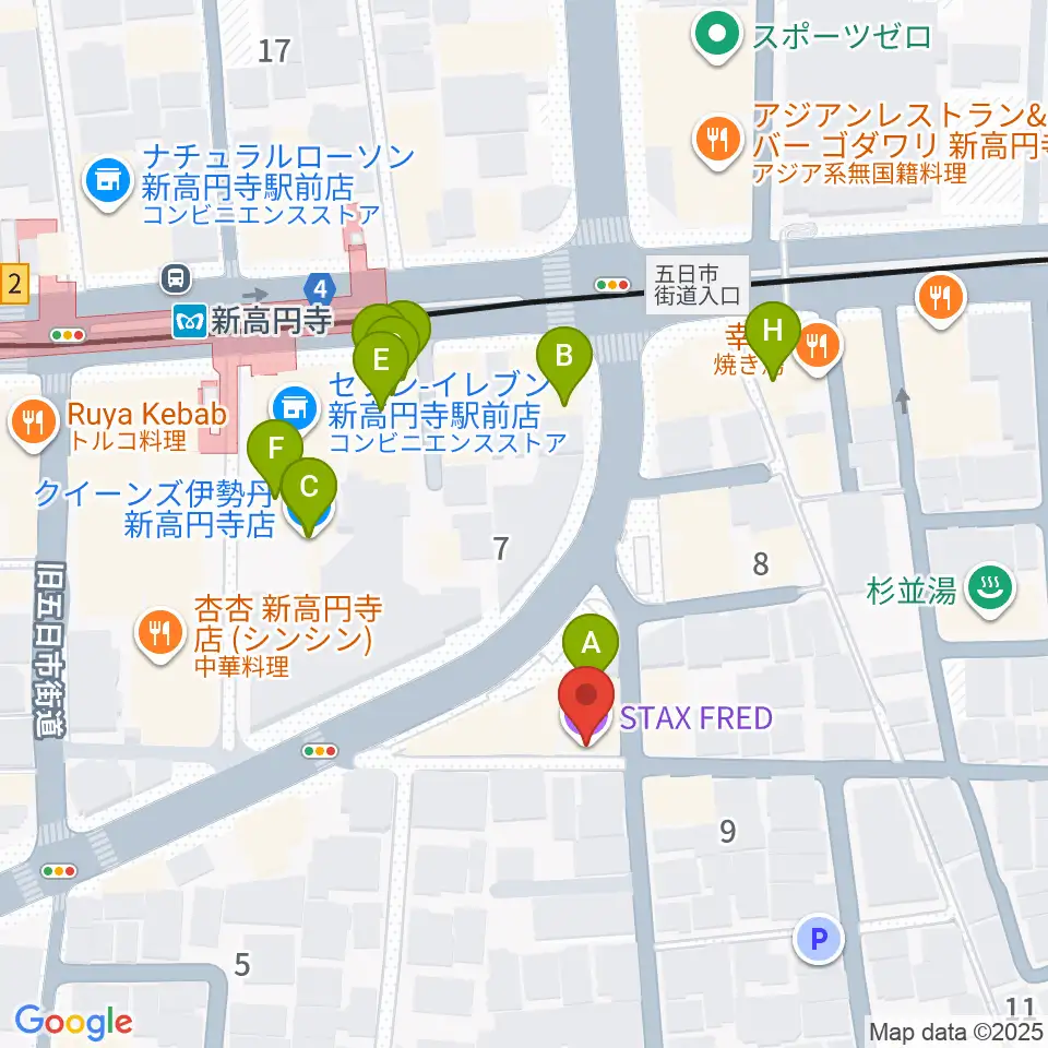 新高円寺スタックスフレッド周辺のファミレス・ファーストフード一覧地図