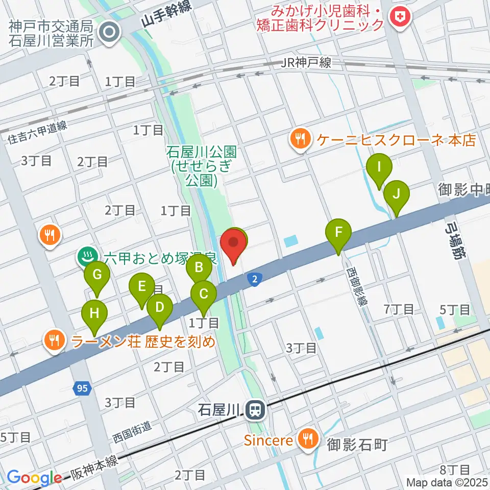 神戸市立御影公会堂周辺のファミレス・ファーストフード一覧地図