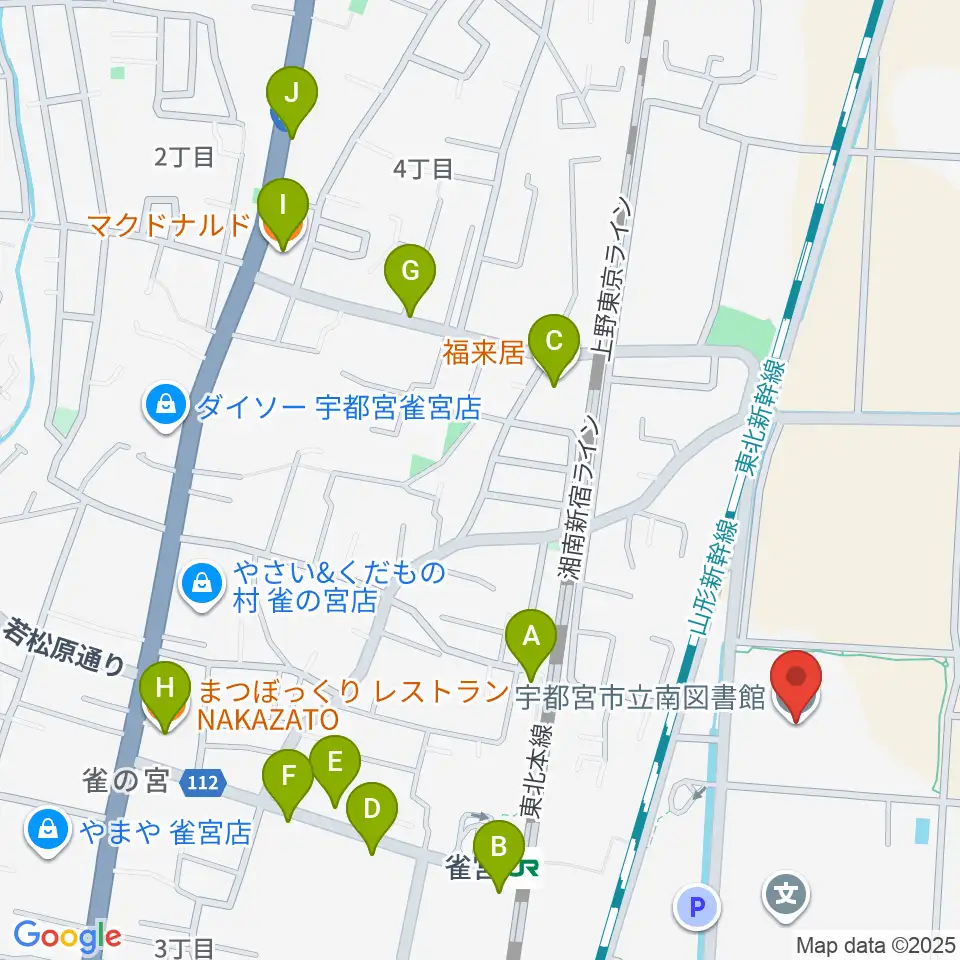 宇都宮市立南図書館サザンクロスホール周辺のファミレス・ファーストフード一覧地図
