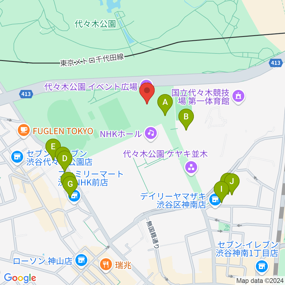 代々木公園野外音楽堂周辺のファミレス・ファーストフード一覧地図