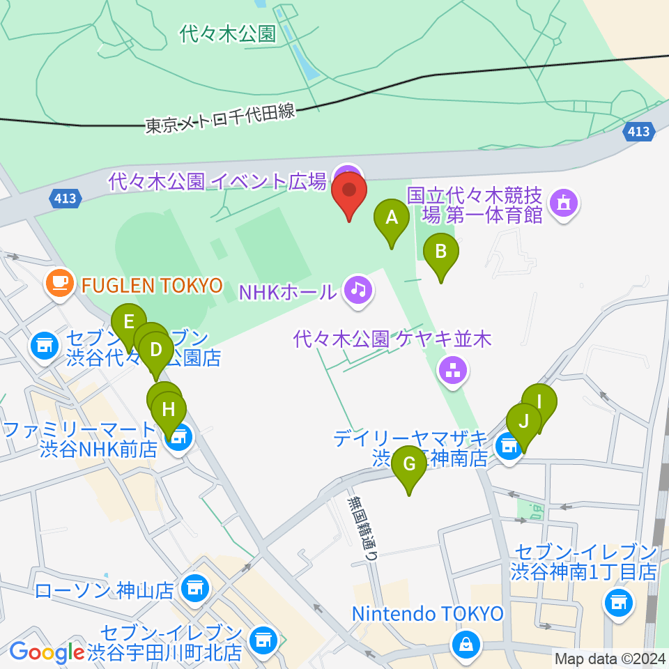 代々木公園野外音楽堂周辺のファミレス・ファーストフード一覧地図