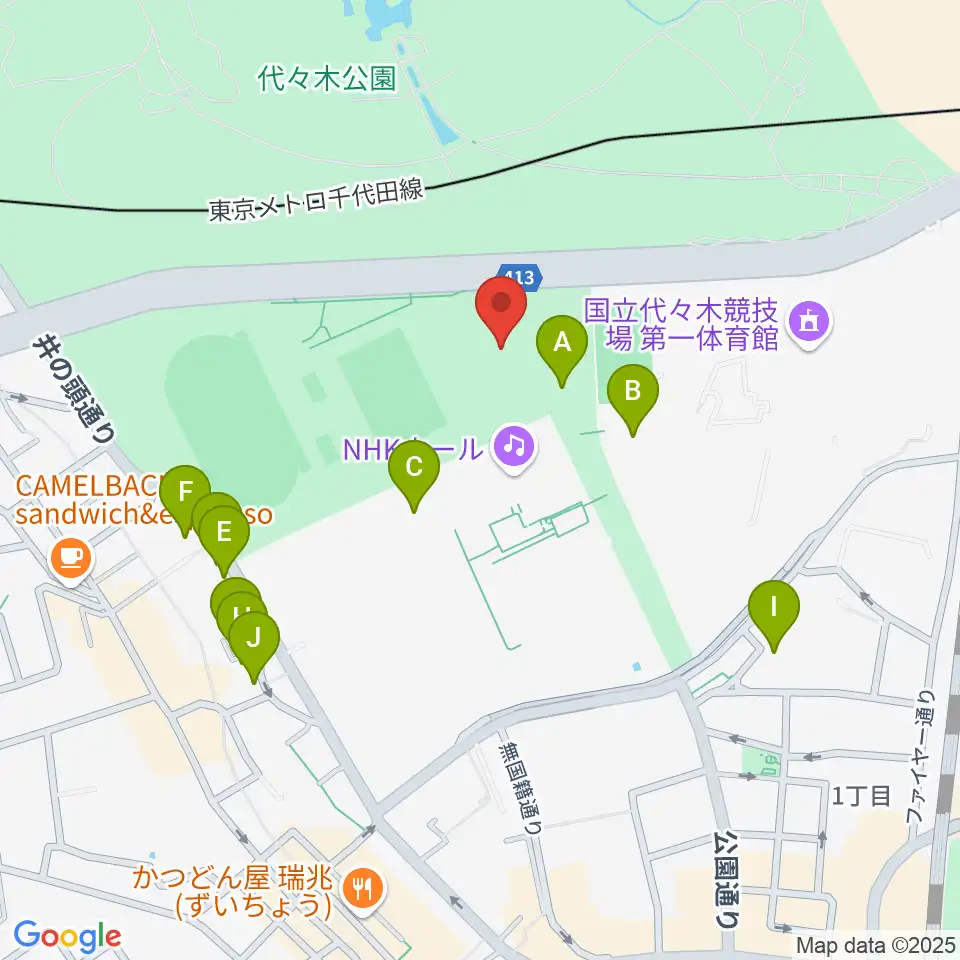 代々木公園野外音楽堂周辺のファミレス・ファーストフード一覧地図