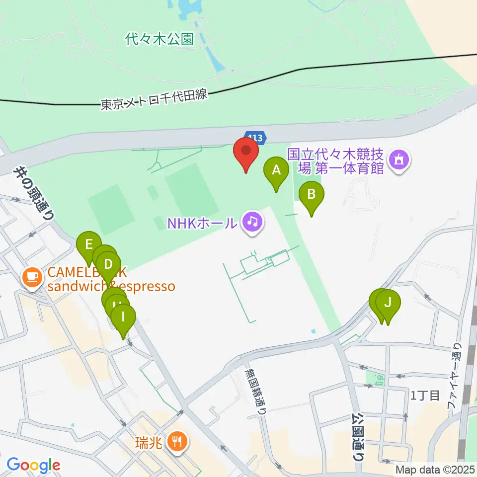 代々木公園野外音楽堂周辺のファミレス・ファーストフード一覧地図