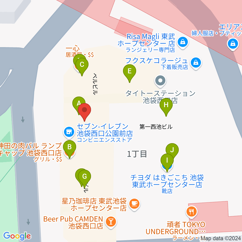 池袋Absolute Blue周辺のファミレス・ファーストフード一覧地図