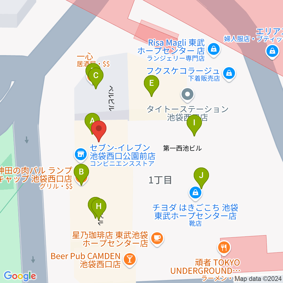 池袋Absolute Blue周辺のファミレス・ファーストフード一覧地図