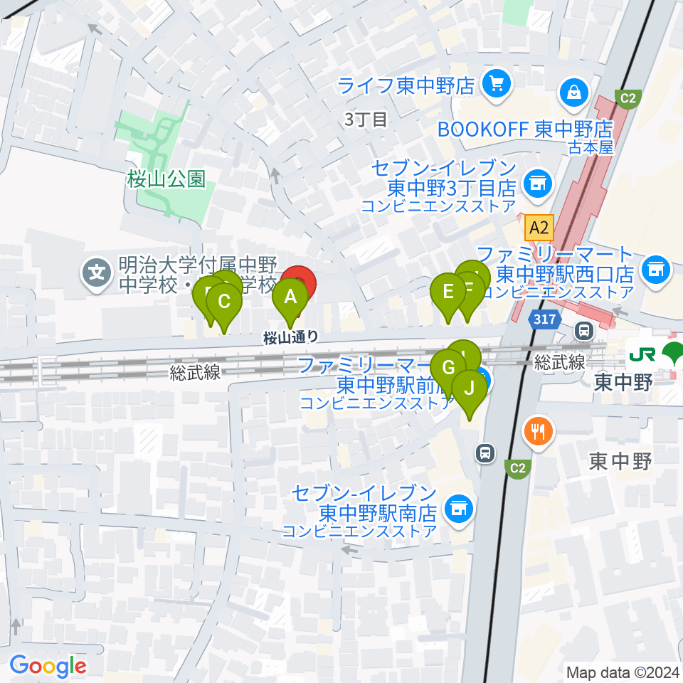 東中野カフェ・ド・リヨン周辺のファミレス・ファーストフード一覧地図