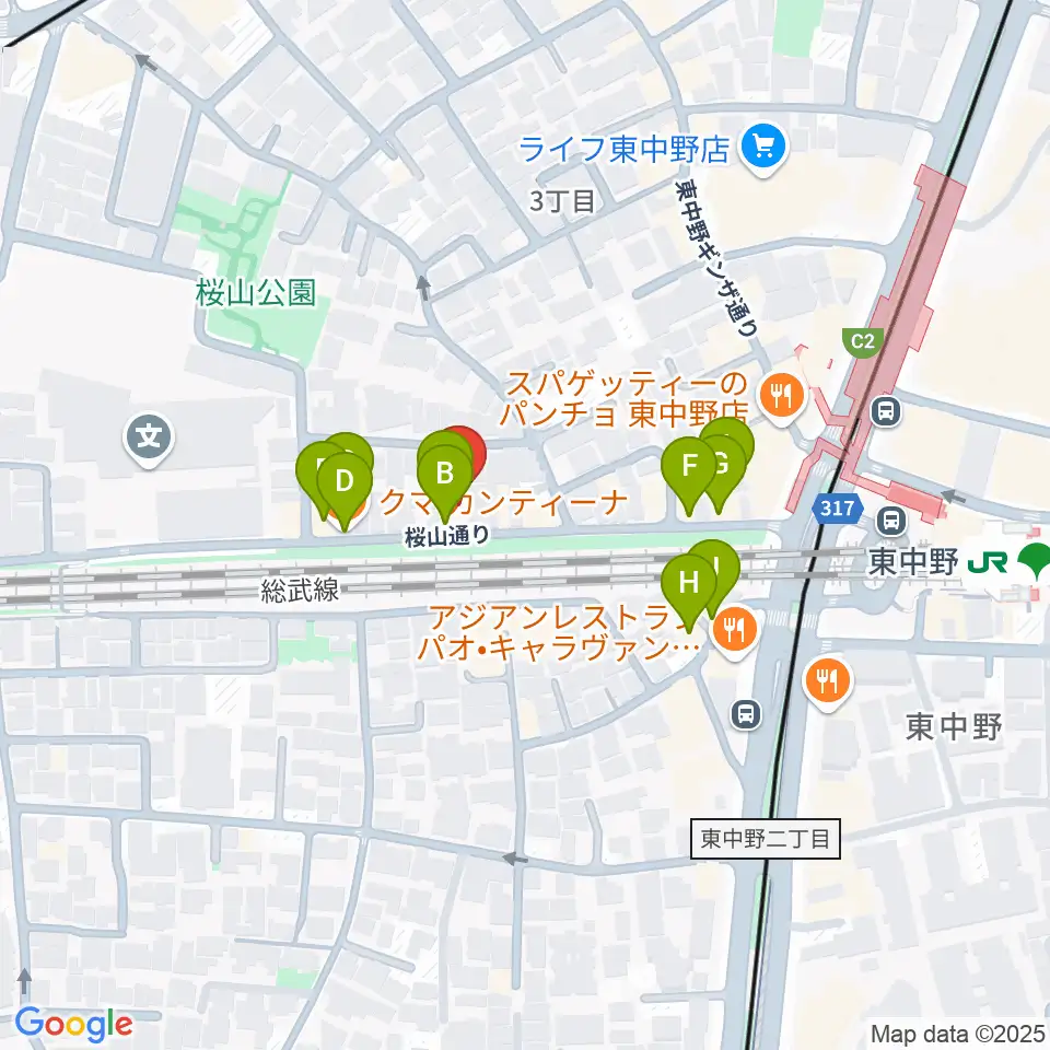 東中野カフェ・ド・リヨン周辺のファミレス・ファーストフード一覧地図