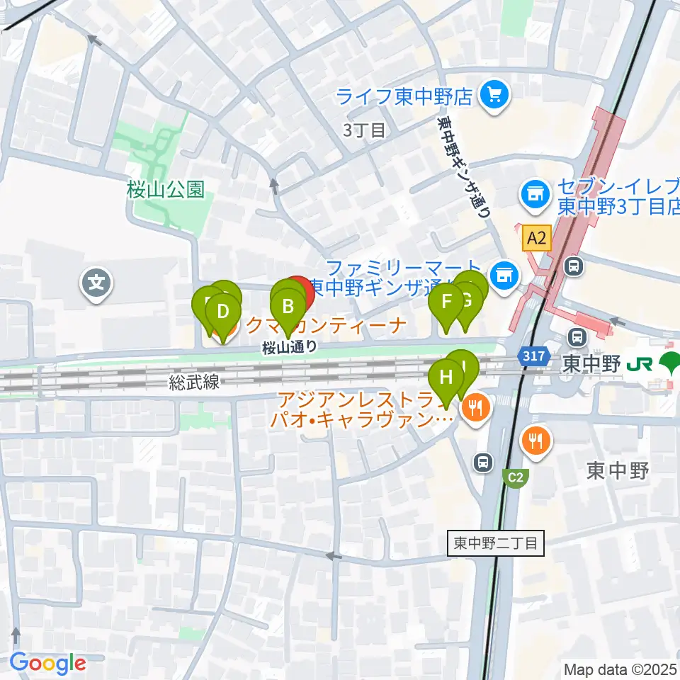 東中野カフェ・ド・リヨン周辺のファミレス・ファーストフード一覧地図