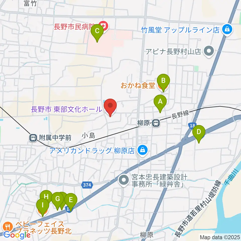 長野市東部文化ホール周辺のファミレス・ファーストフード一覧地図
