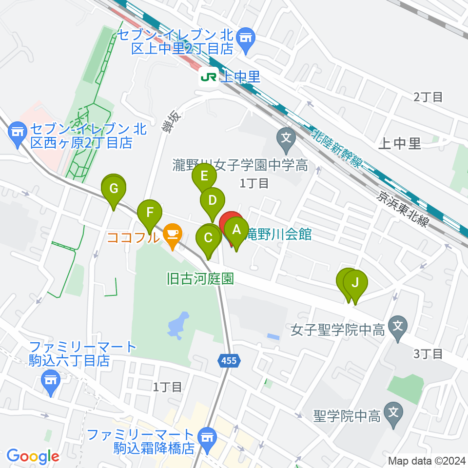 滝野川会館周辺のファミレス・ファーストフード一覧地図