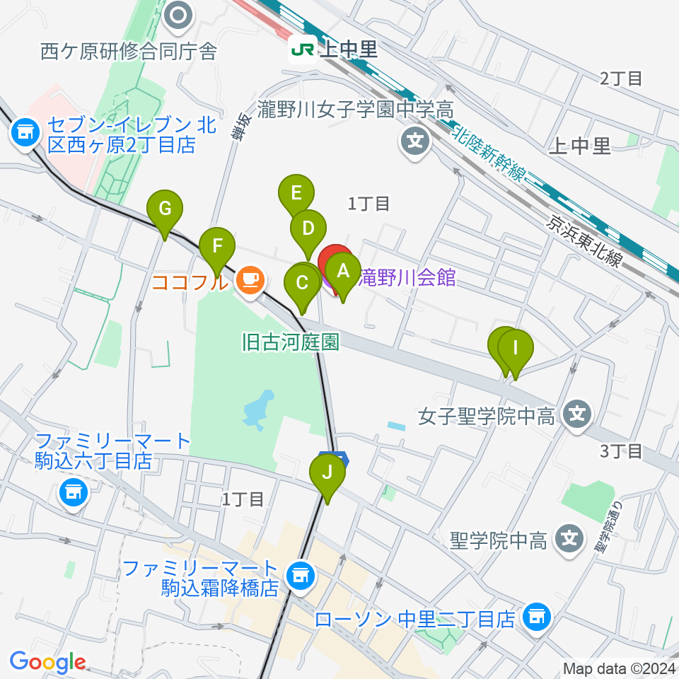 滝野川会館周辺のファミレス・ファーストフード一覧地図