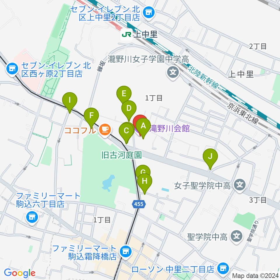 滝野川会館周辺のファミレス・ファーストフード一覧地図