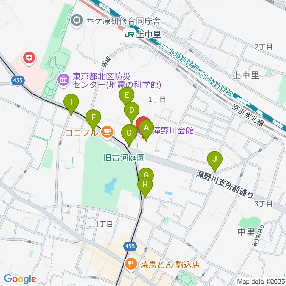滝野川会館周辺のファミレス・ファーストフード一覧地図