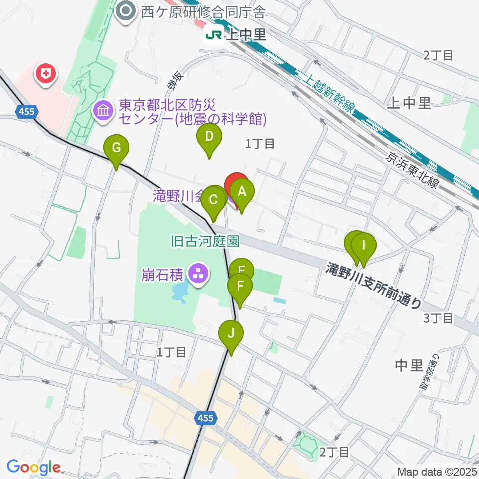 滝野川会館周辺のファミレス・ファーストフード一覧地図