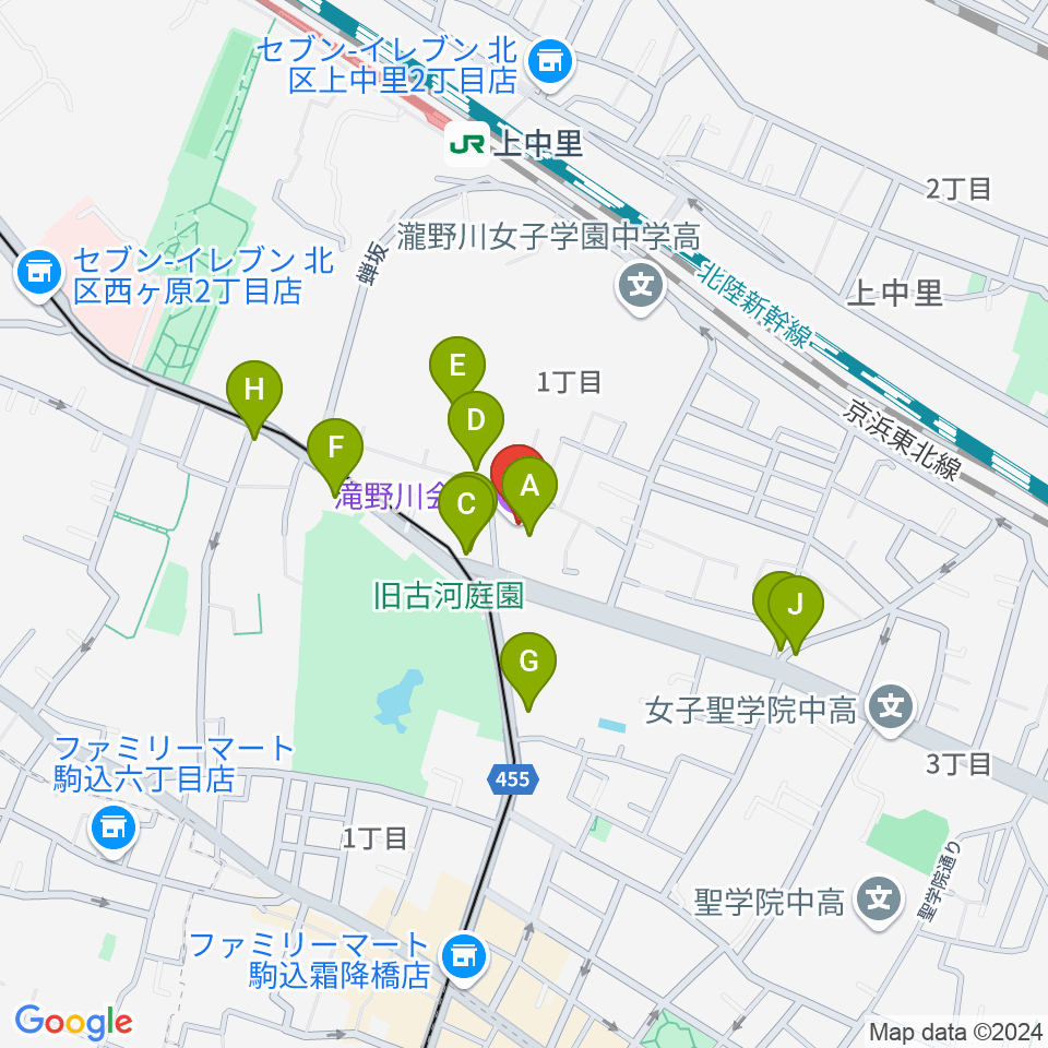 滝野川会館 音楽スタジオ周辺のファミレス・ファーストフード一覧地図