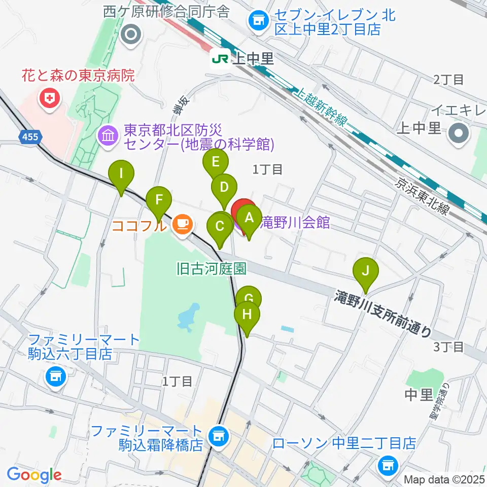 滝野川会館 音楽スタジオ周辺のファミレス・ファーストフード一覧地図