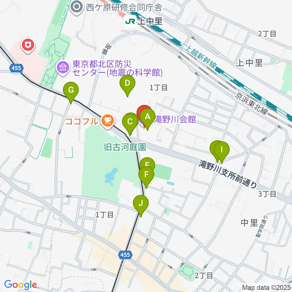 滝野川会館 音楽スタジオ周辺のファミレス・ファーストフード一覧地図
