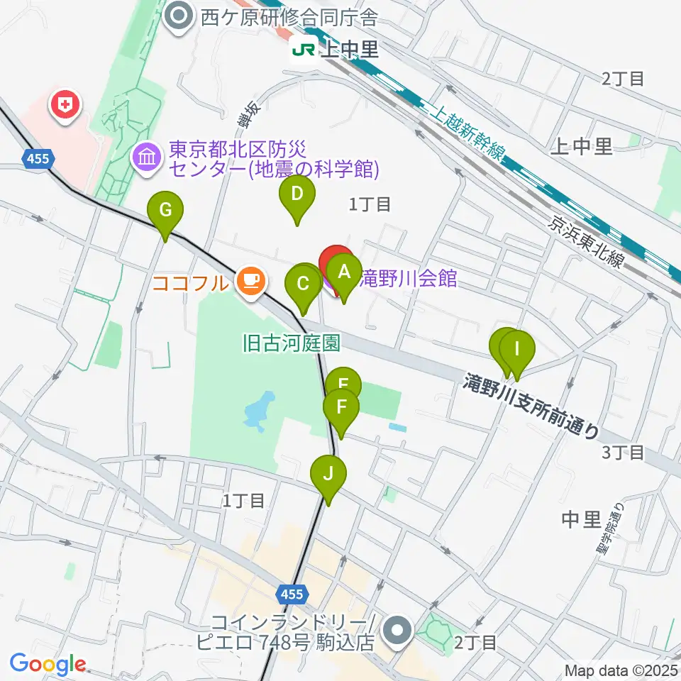 滝野川会館 音楽スタジオ周辺のファミレス・ファーストフード一覧地図