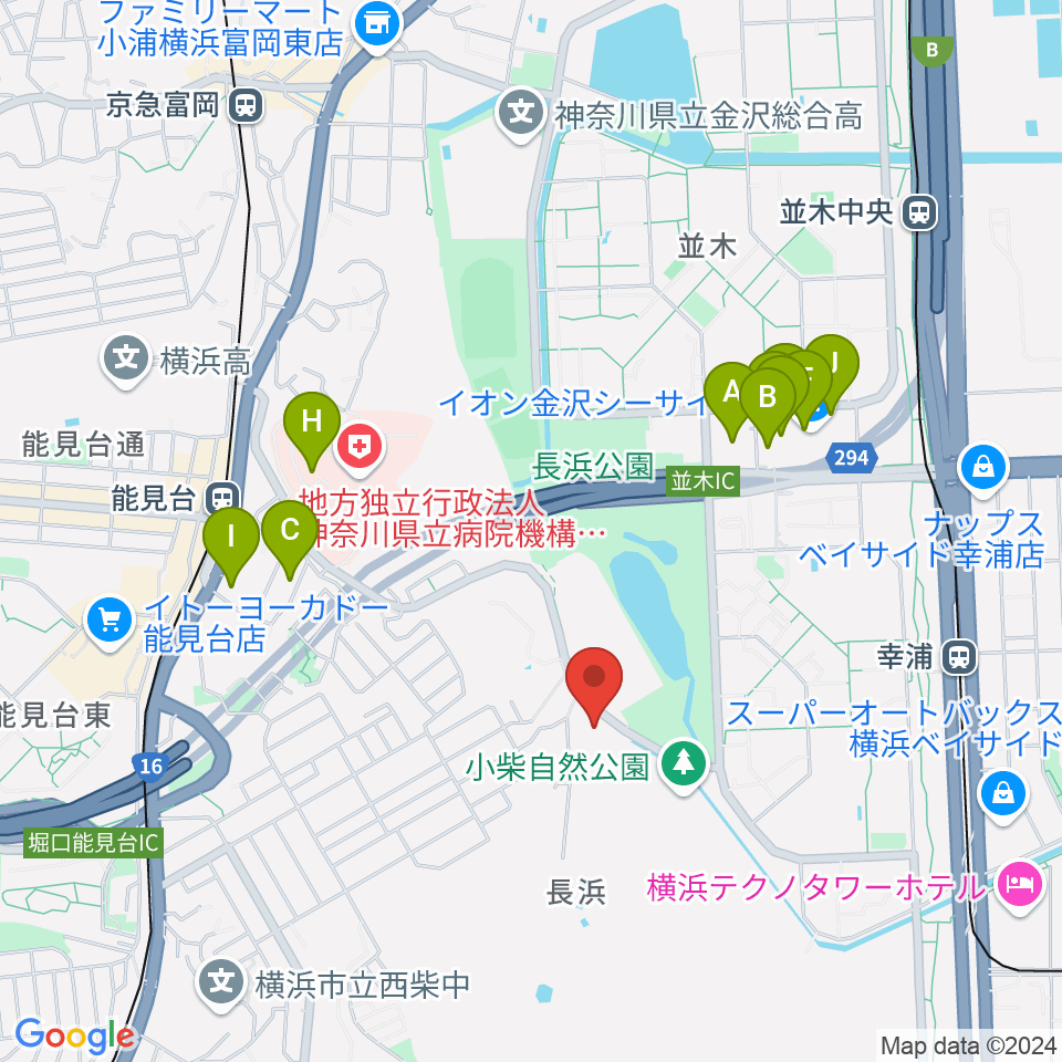 横浜市長浜ホール周辺のファミレス・ファーストフード一覧地図