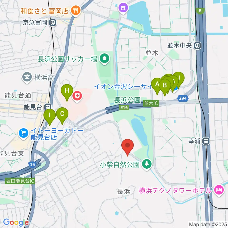 横浜市長浜ホール周辺のファミレス・ファーストフード一覧地図