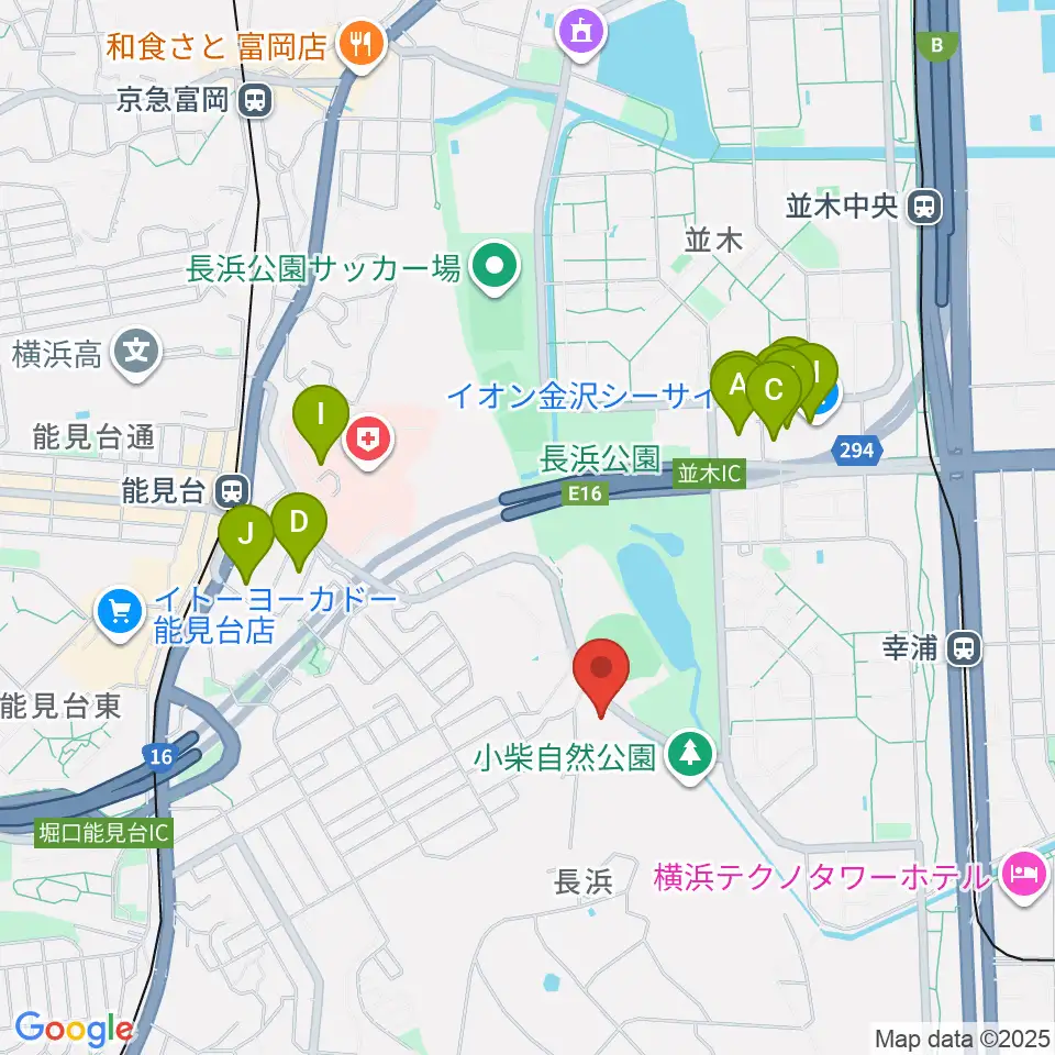 横浜市長浜ホール周辺のファミレス・ファーストフード一覧地図