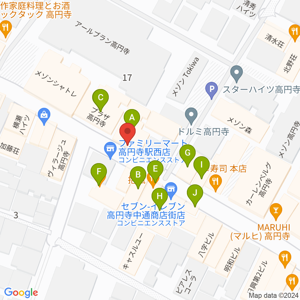 高円寺ShowBoat周辺のファミレス・ファーストフード一覧地図