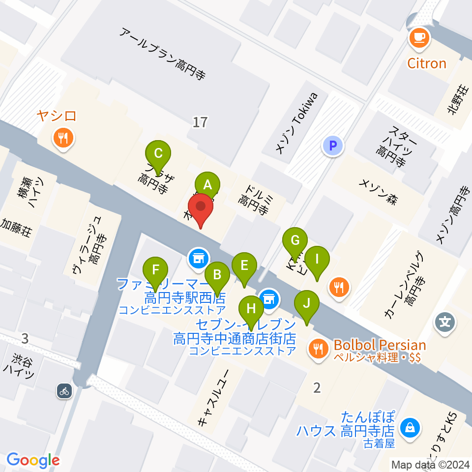 高円寺ShowBoat周辺のファミレス・ファーストフード一覧地図