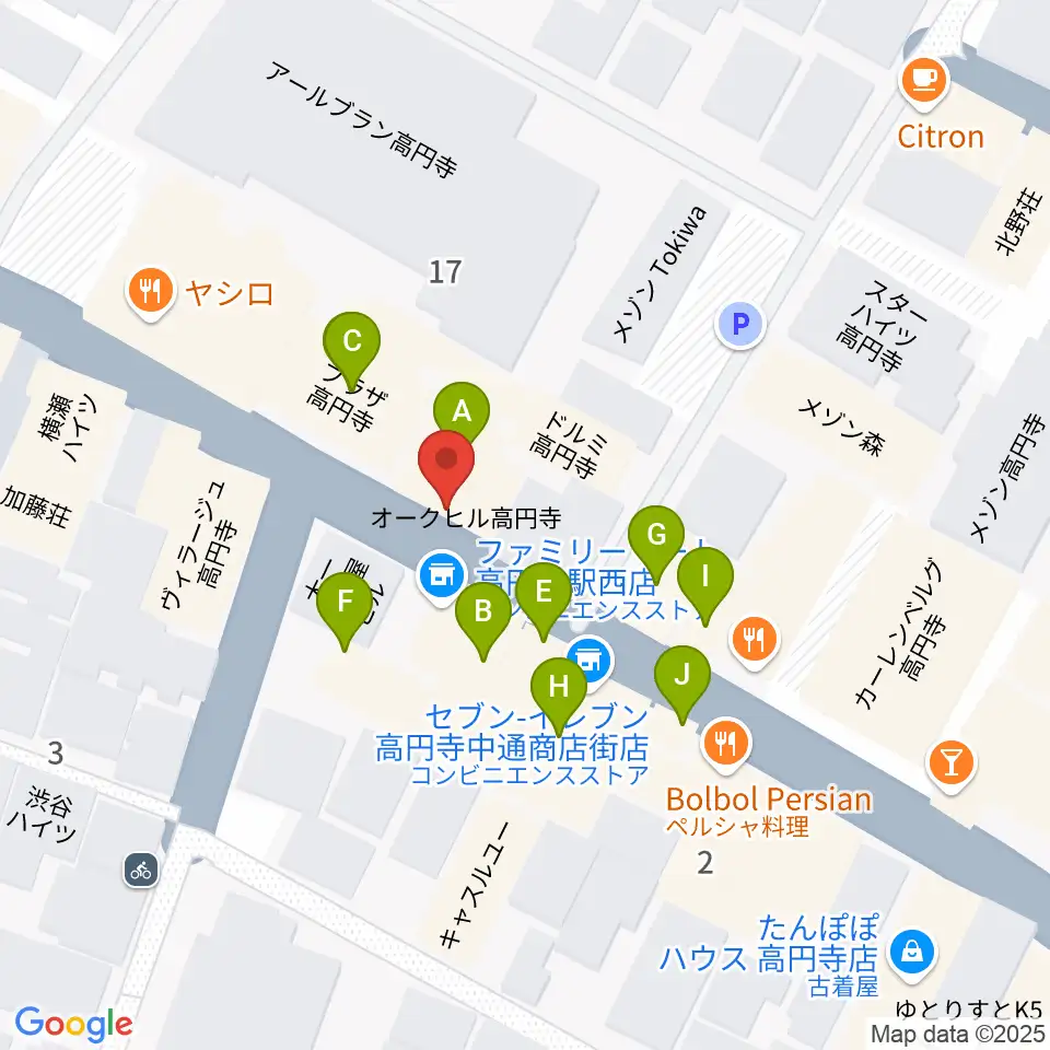 高円寺ShowBoat周辺のファミレス・ファーストフード一覧地図