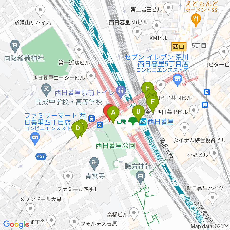 ハート音楽院東京 西日暮里教室周辺のファミレス・ファーストフード一覧地図