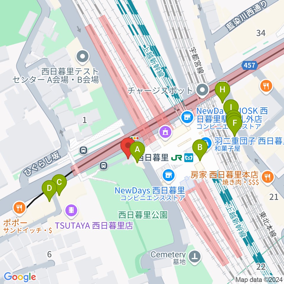 ハート音楽院東京 西日暮里教室周辺のファミレス・ファーストフード一覧地図