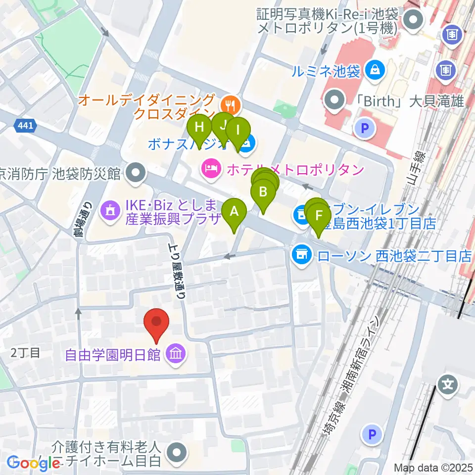 自由学園明日館周辺のファミレス・ファーストフード一覧地図